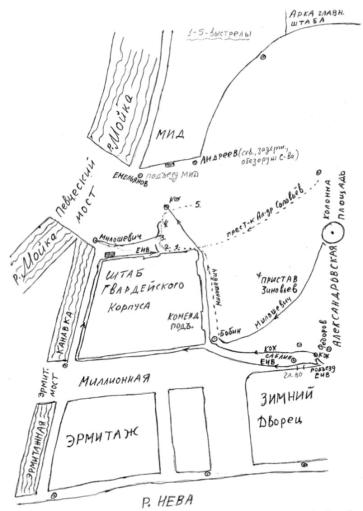 Схема Дворцовой площади, 2 апреля 1870 г. (авторская), составленная с учетом показаний Милошевича и Коха.